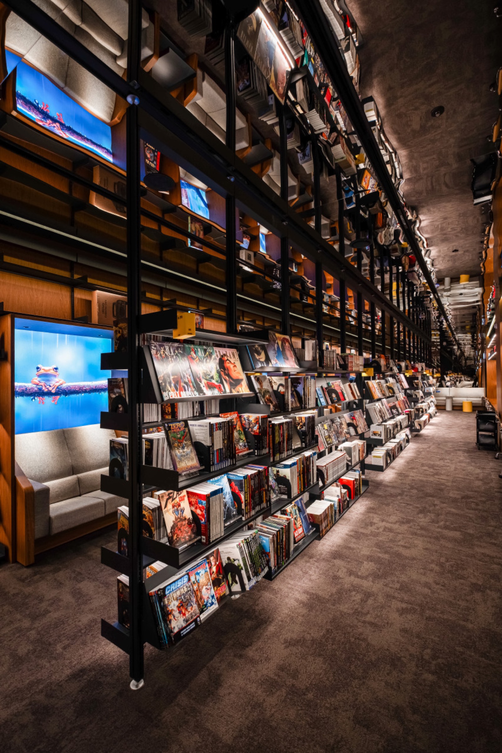 A corridor lined with endless bookshelves