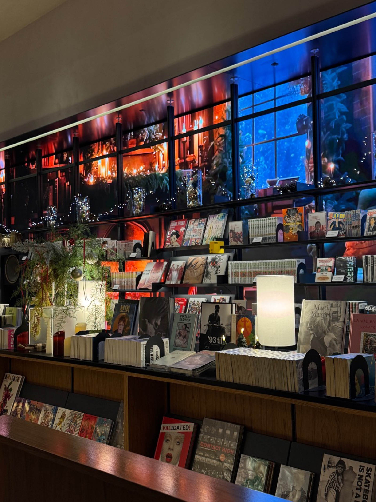 Bookshelves at night in warm light